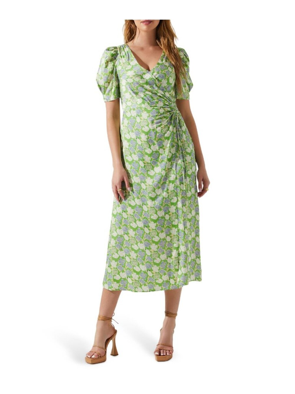 NWT ASTR THE LABEL Martina Ruched Midi Dress Green Floral Size M